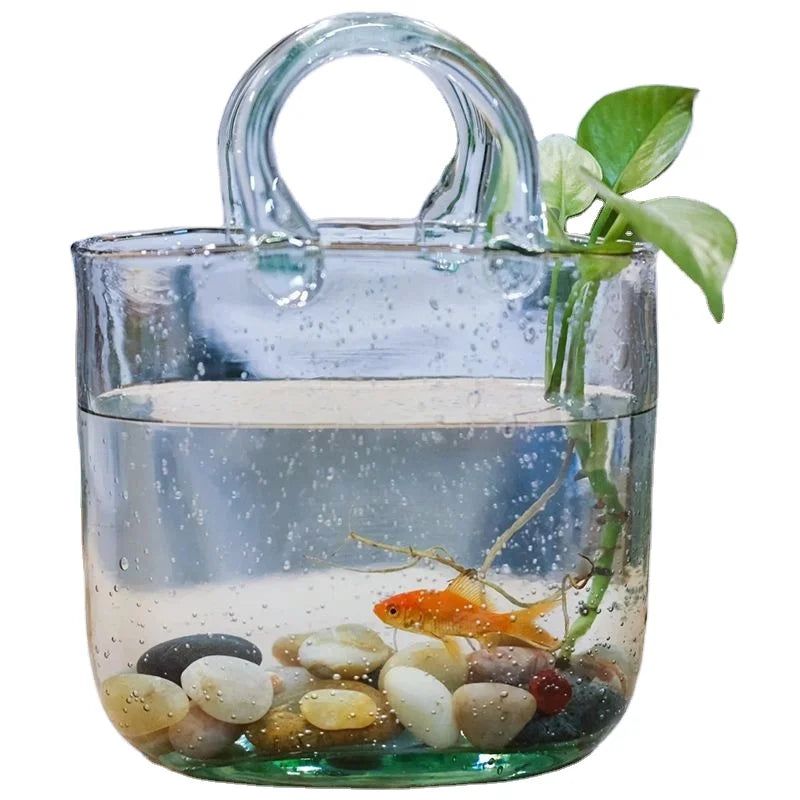 Clear Hand Blown Glass Vase with Bubble Handbag Shape New Glass Bag Vase for Wedding Home Table Decor and Garden