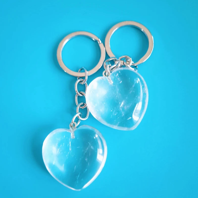 Huiying Wholesale natural polished healing crystals stones heart keychains necklace clear quartz key ring as gifts