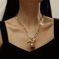 New Trendy Women's Vintage Big Baroque Pearl Necklace Gold Silver Color Thick Link Chain Square Portrait Pendant Multilayer