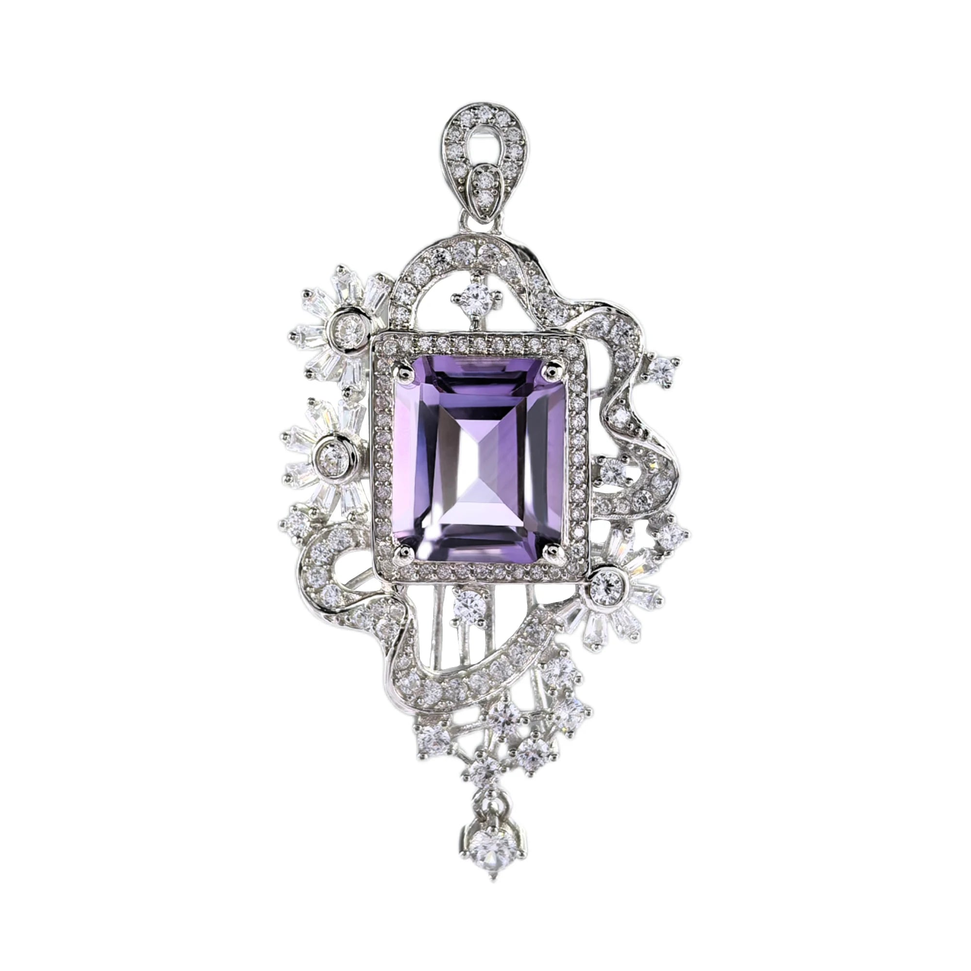 925 Sterling Silver Natural Amethyst Pendant for Women Delicate Rhodium Plated Emerald Cut Charm Pendants for Party Wear