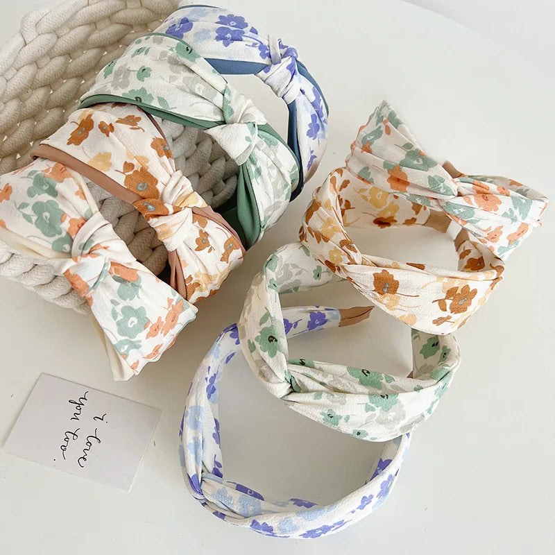 Korean Version of Small Floral Cross Knotted Headband Temperament Printed Headband
