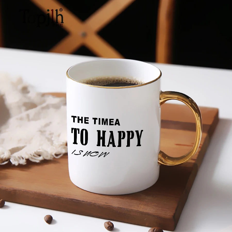 Topjlh Sublimation Blank 11oz Ceramic Coffee Mug with Gold Rim and Gold Handle White Mug for Heat Transfer Printing