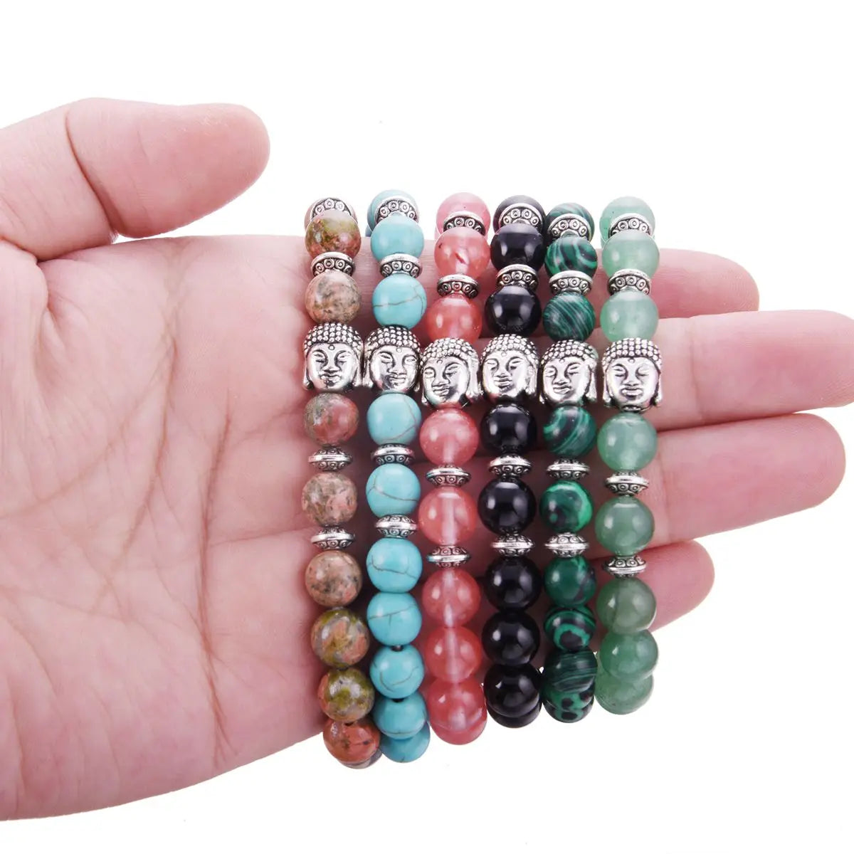 Natural Gemstone with 925 Sterling Silver Buddha Head Gemstone 8mm Round Beads Stretch Adjustable Bracelet