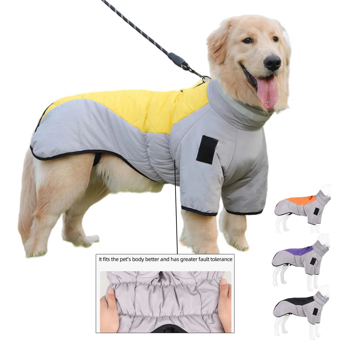 Elastic Neckline Leg Belly Medium Big Dog Jacket Patchwork Cotton Padded Winter Warm Waterproof Dog Coats with Leash Hook
