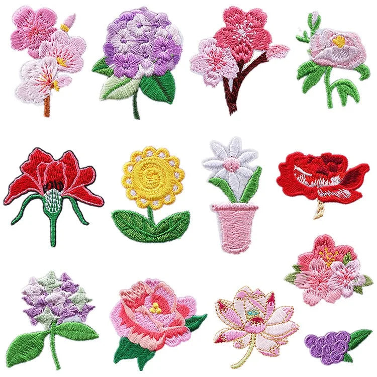 Wholesale Embroidery Sunflower Lily Lotus Plum Blossom Iron on Patch Machine Woven Embroidered Flowers Clothing Patches