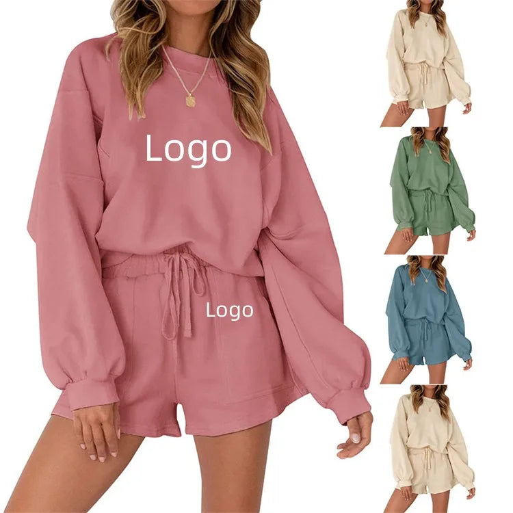 Custom Solid Ladies Suits Two Piece Sets Shorts Sweatshirts Active Wear Jumper Women's Shorts Long Sleeve Sweatshirt Set