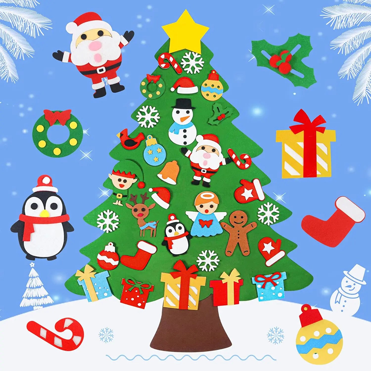 Felt Christmas Tree for Kids Wall 32Pcs DIY Toddlers Felt Christmas Xmas Tree Door Wall Hanging Felt Kids Christmas Tree
