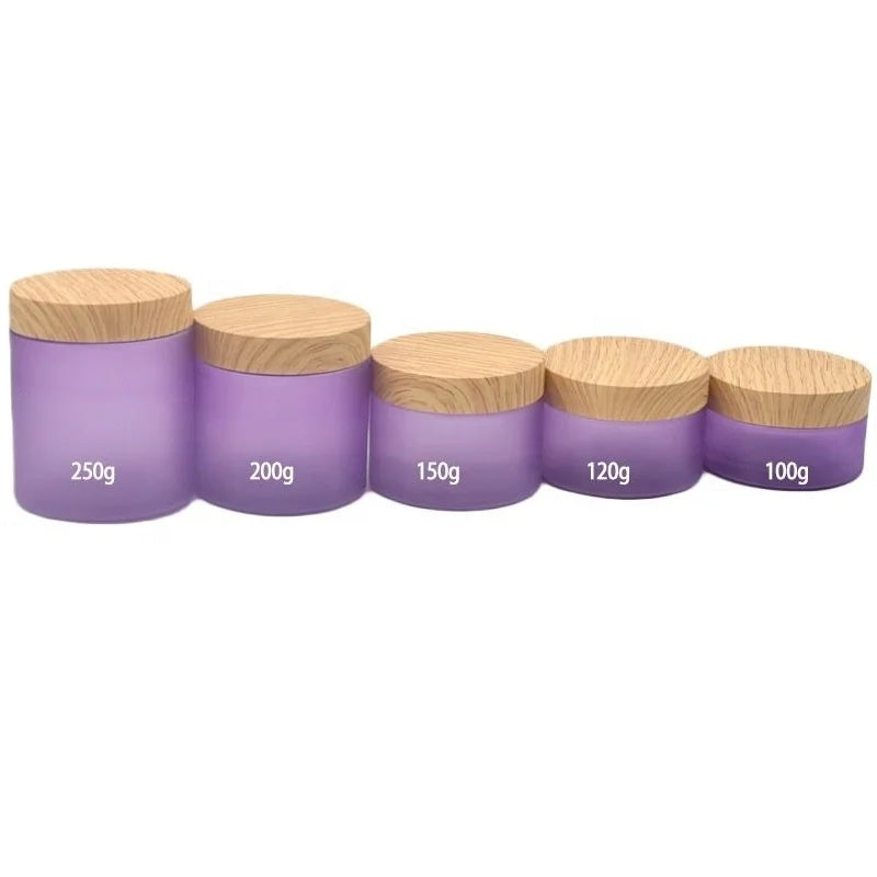 Empty Face Cream Jar Body Care Scrub Pots Facial Mudpack Purple Frosted 100 120 150 250g PET Plastic Cream Jar False Wooden Lid