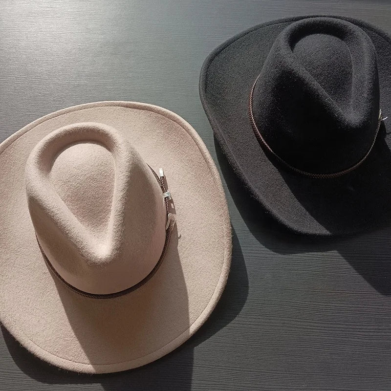 Wholesale 100% Australian Wool Western Fedora Cowboy Hats Beige Black Cowboy Hat One Size Fadora Hat