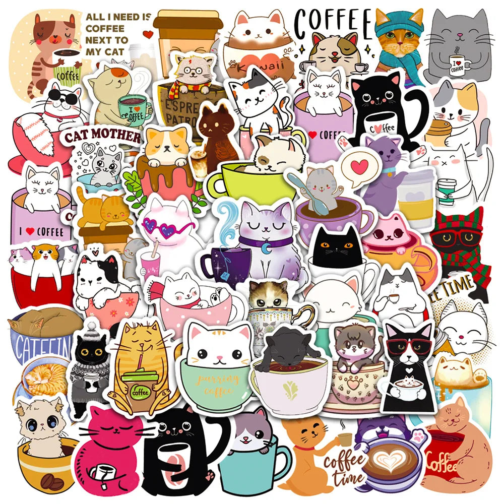 50Pcs Kawaii Cat Coffee Cup Cartoon Graffiti Stickers for Laptop Phone Waterproof Girl DIY Decor Sticker