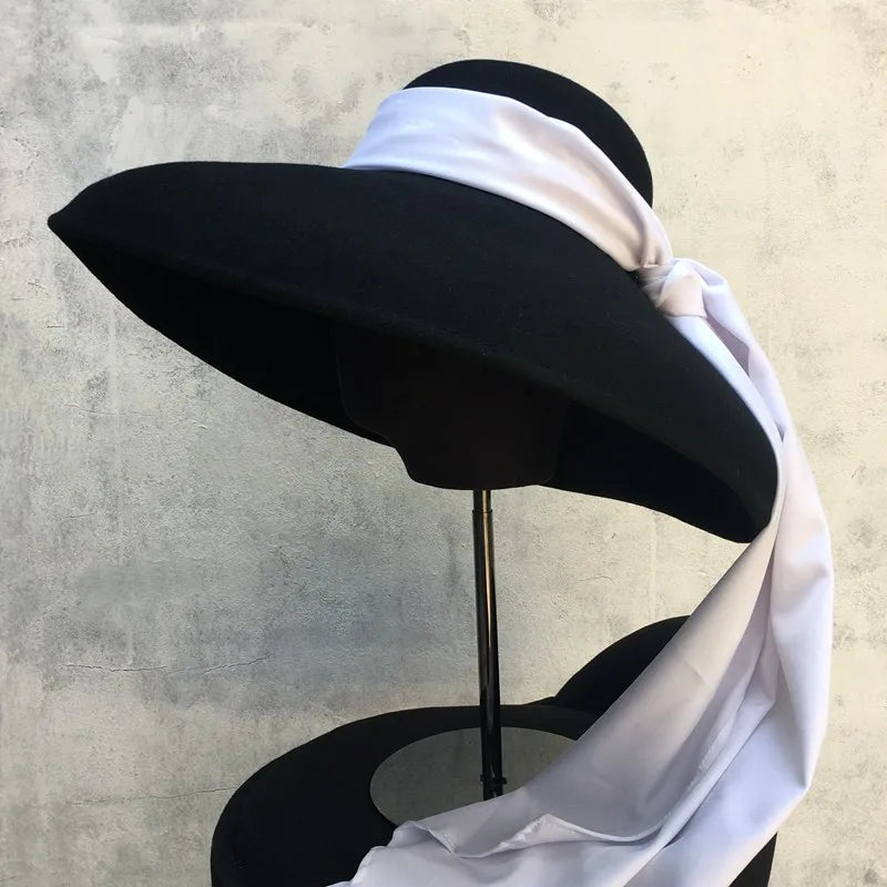 Deluxe 100% Wool Felt Stylish Party Show Turn Down Female Lady 17.5cm Wide Brim Hat Round Crown Stiff Events Fashion Women Hat