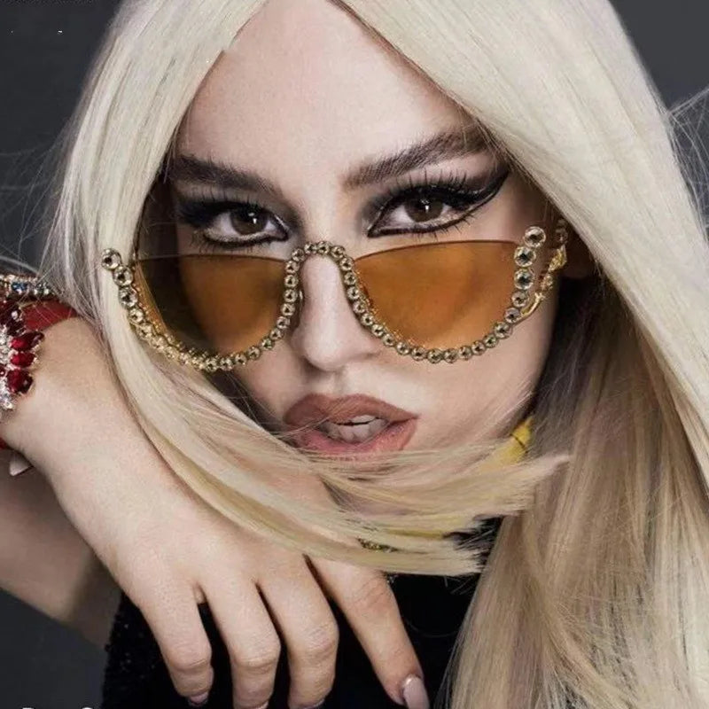 QSKY New Gorgeous Crystal Traveling Party Metal Candy Color Lens Sunglasses Half Frame Round Diamond studded Sunglasses