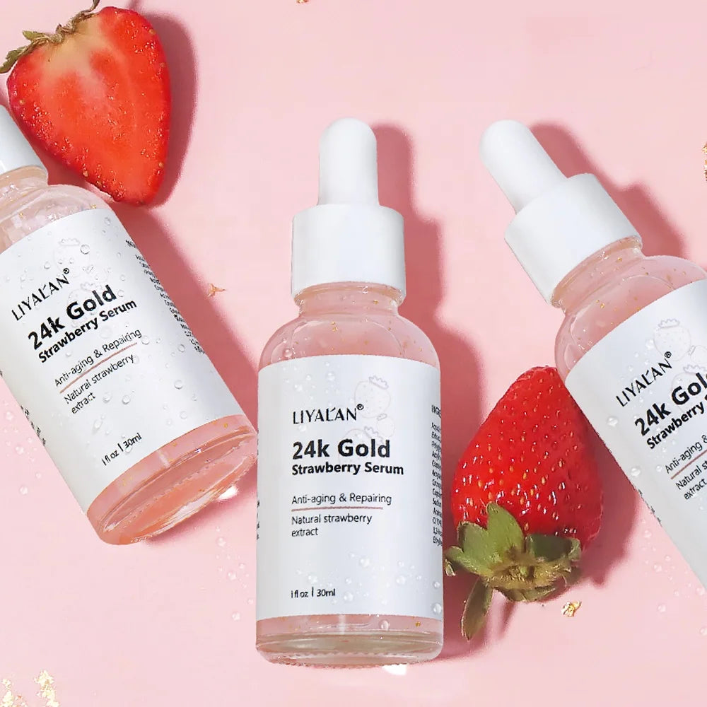 Private Label 24K Gold Strawberry Skin Brightening Whitening Reduces Fine Lines Wrinkles Face Serum