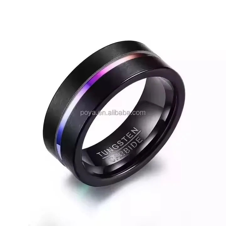 POYA Unisex 8mm Black Rainbow Tungsten Ring Silver Plated Wedding Engagement Anniversary Party Jewelry Trendy Cut
