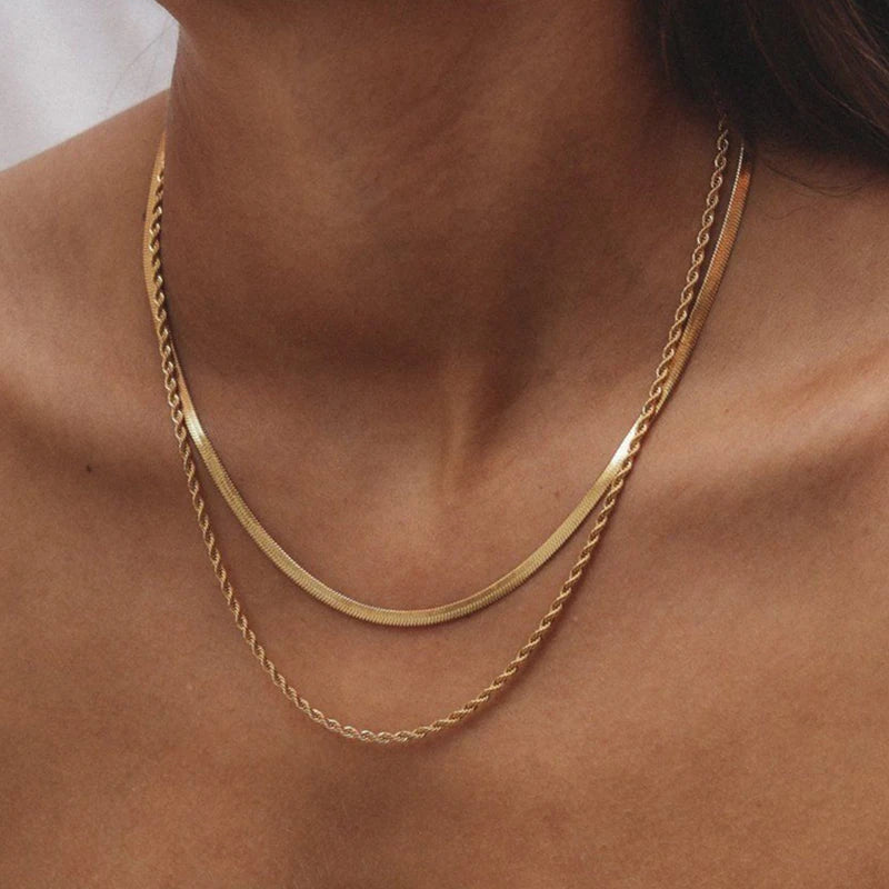 Dainty Stainless Steel Jewelry 18k Gold Twisted Rope Chain Necklaces Herringbone Snake Blade Double Layered Necklace for Women