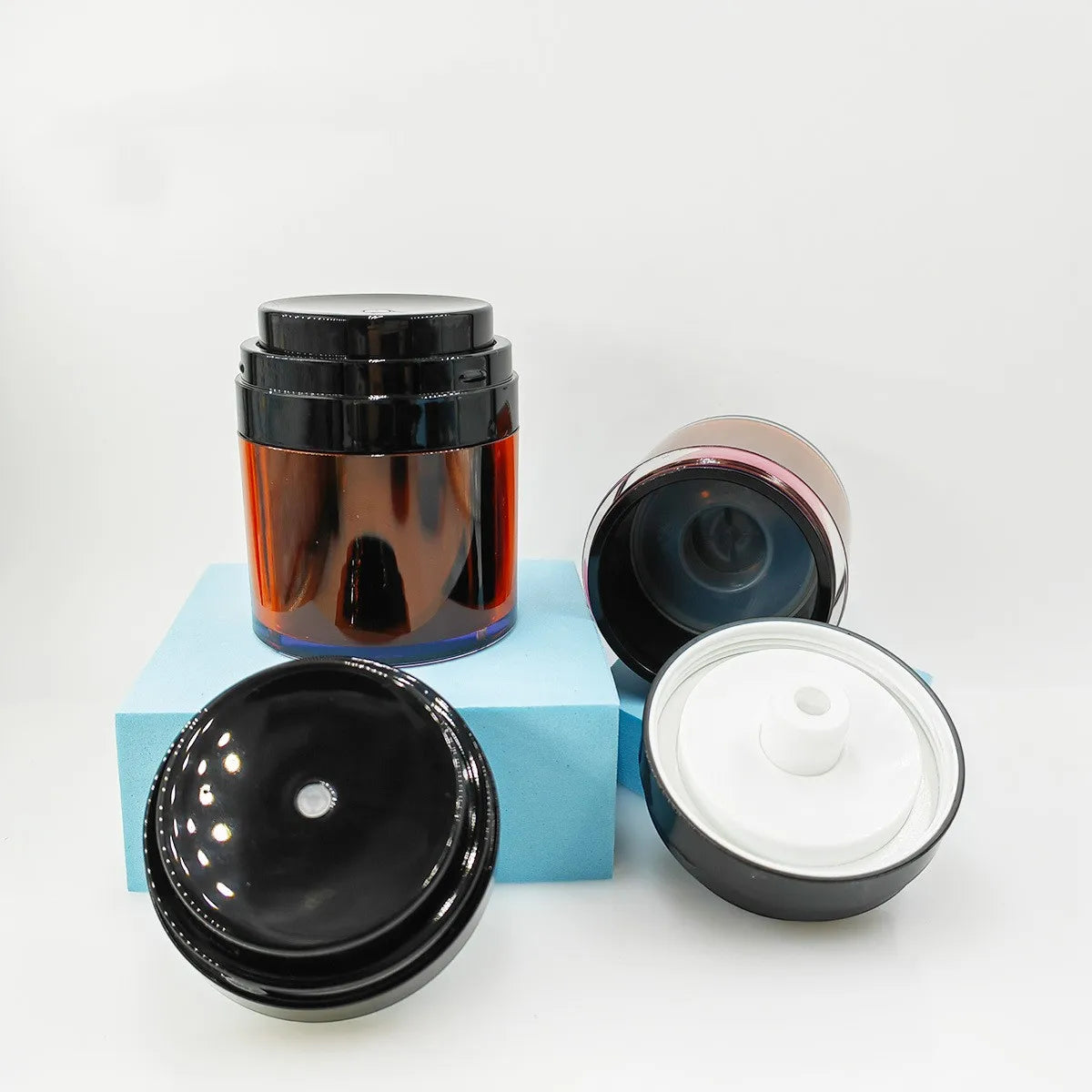 In Stock 15g 30g 50g Acrylic Amber Brown Airless Pump Vacuum Cream Jars Finish Cosmetic Empty Refillable Bottles with Seal