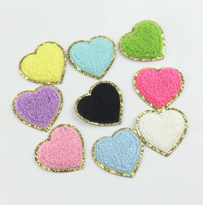 Wholesale Self-Adhesive Iron-On Chenille Fabric Patches 5cm Height Heart Shaped Design for Jackets and Hats
