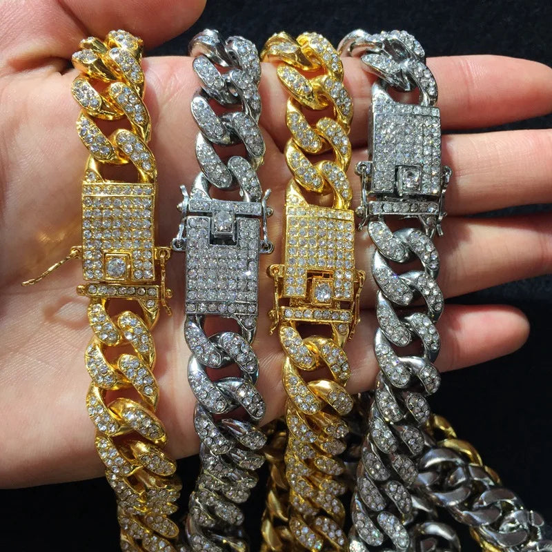 Comlor OEM Anillo Luxury Hip Hops Men's  Cuban Link Miami Crystal Cuban Chain Iced Out Cuban Chain Necklace