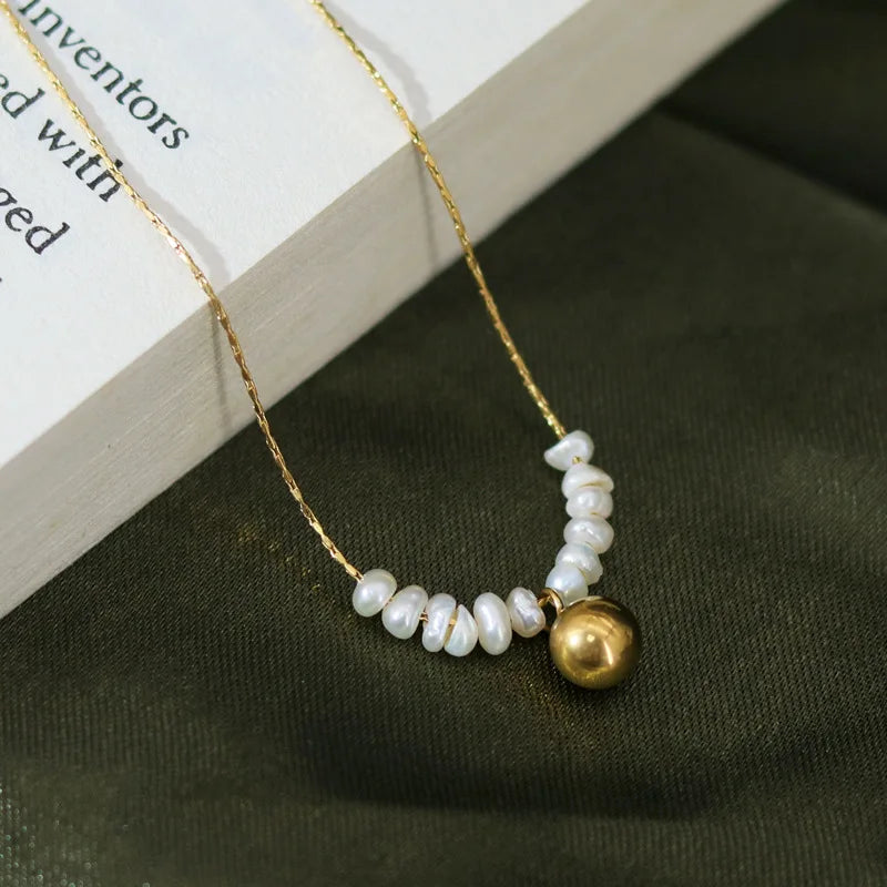 Delicate Gold Plated Natural Pearl Smooth Ball Pendant Necklace No Fade Stainless Steel Freshwater Pearl Beads Necklace
