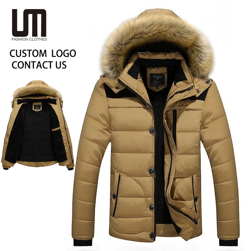 2025 Custom Logo Winter Men's Parka Jacket Outdoor Thick Warm Fleece Fur Hooded Coat Plus Size Wholesale