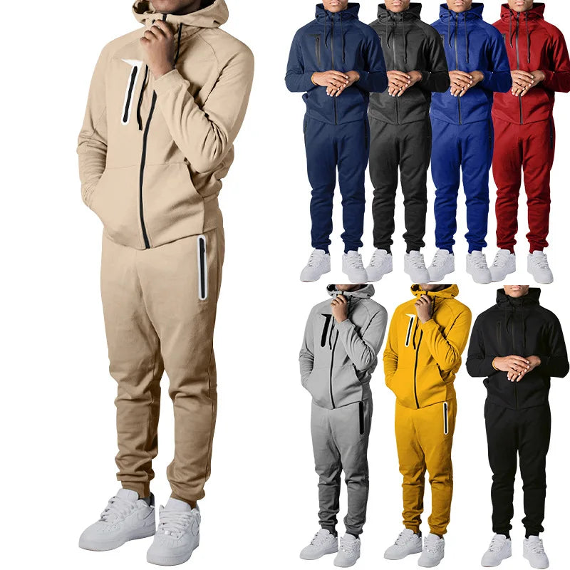Aoyema New Long Sleeve Splicing Contrast Zip up Training Blank Gym Wear Set Men's Jogging Suit Sets Sweatpants and Hoodie Set
