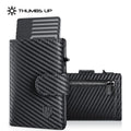 THUMBS-UP Carbon Fiber Pop-Up Card Holder RFID Protection Aluminum Leather Design Men's Zipper Coin Pocket Slim Wallet