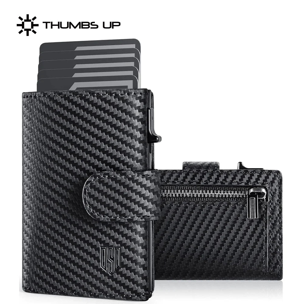 THUMBS-UP Carbon Fiber Pop-Up Card Holder RFID Protection Aluminum Leather Design Men's Zipper Coin Pocket Slim Wallet