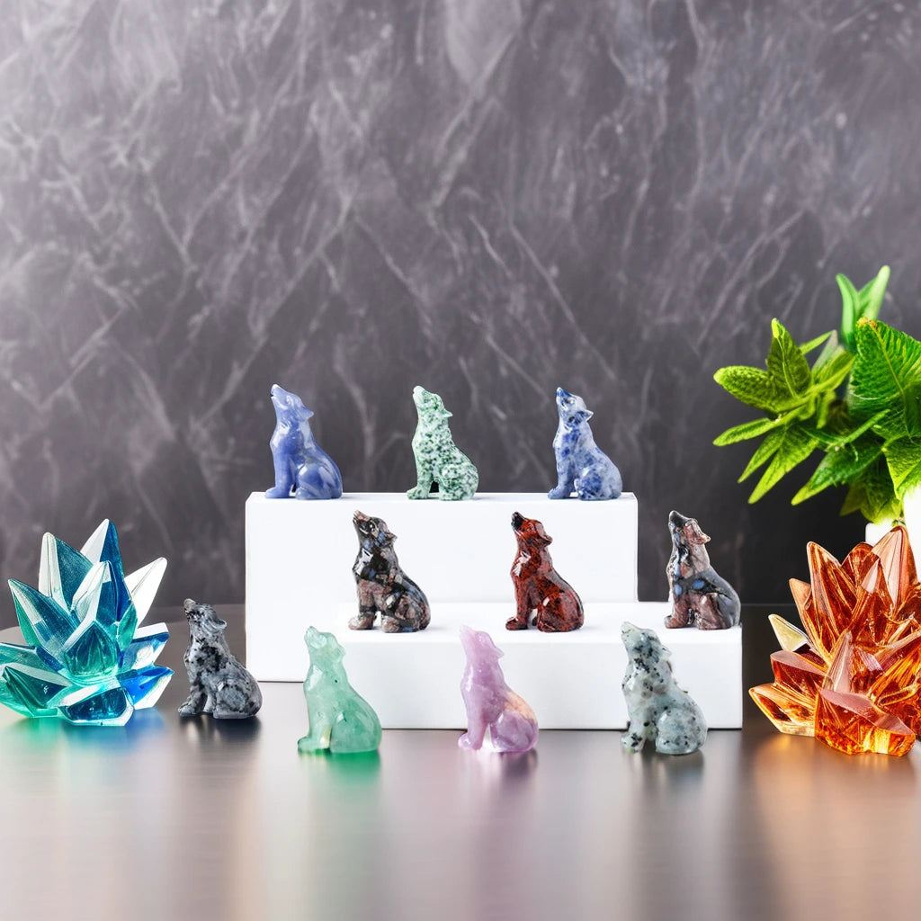 DIY Small Carved Quartz Crystal Wolf Figurine Natural Gemstone Home Decoration for Hanging Gift Crystal Decorative Animal Ornament