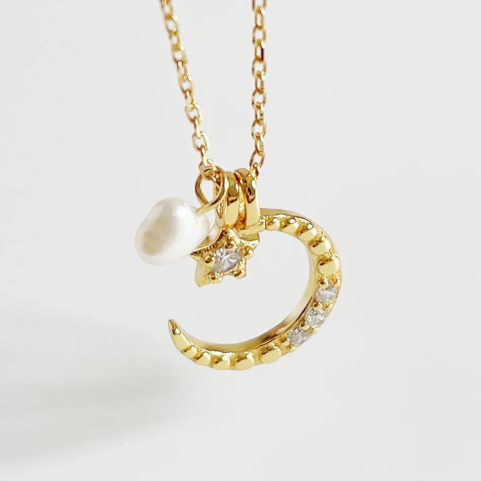 Fine Jewelry Necklaces 925 Sterling Silver Pearl Necklace Natural Moon Star Pearl Zircon Gold Plated Necklace for Women