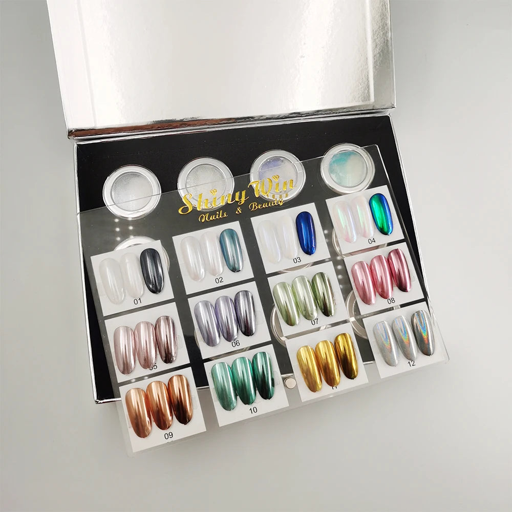 Mirror & Aurora Laser Chrome Collection Mixed 12 Color Nail Powder with Acrylic Color Display Board Box Packing for Nail Art DIY