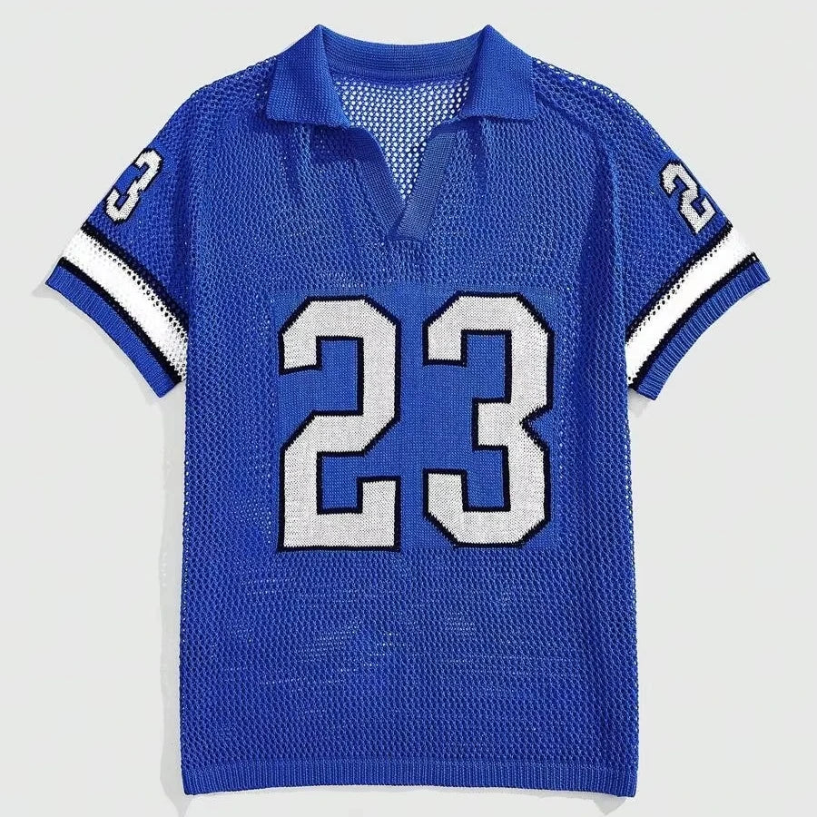 Custom Logo Knitted Short Sleeve Cotton Knitwear Shirt Basketball Mesh Crochet Knit Football Jerseys t Shirt Yarn Crochet