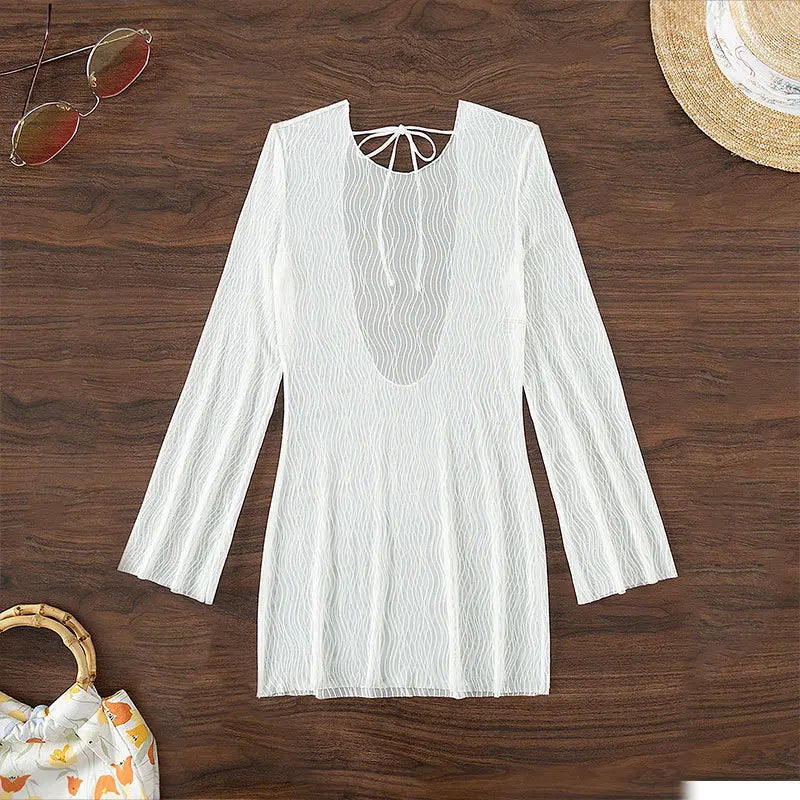 Crew Neck Long Sleeve Smock Beach Resort Mesh Swimsuit Women's Backless Over Bikini