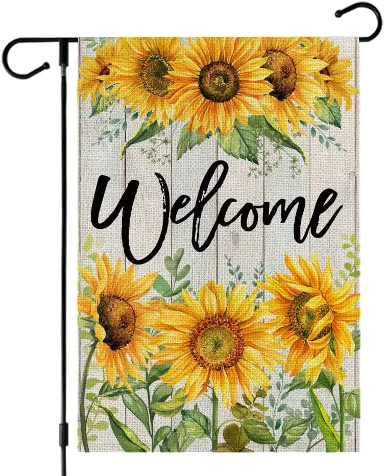 Custom 12x18 Inch Double sided Indoor Outdoor Decorative Sunflower WELCOME Burlap Garden Flags