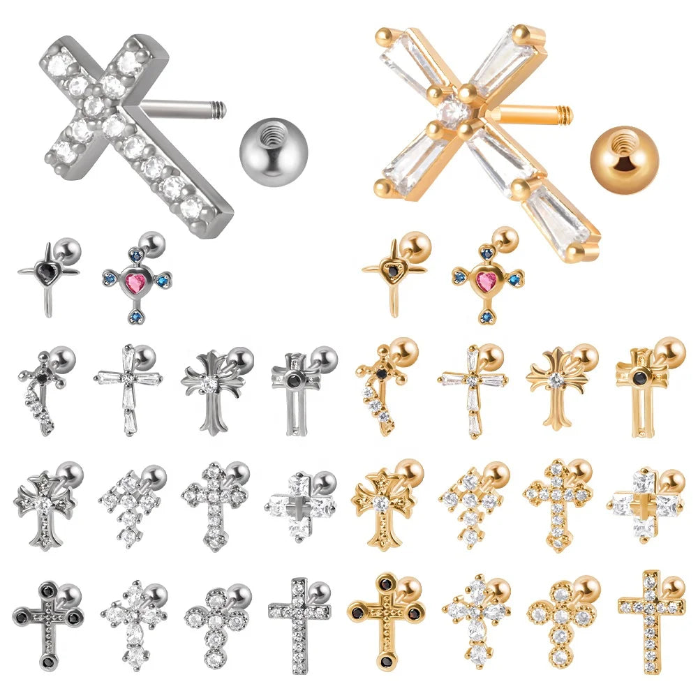 Classic 20G Stainless Steel Punk Cross Stud Earrings for Women Men Girls Labret Crystal CZ Helix Tragus Cartilage Ear Studs