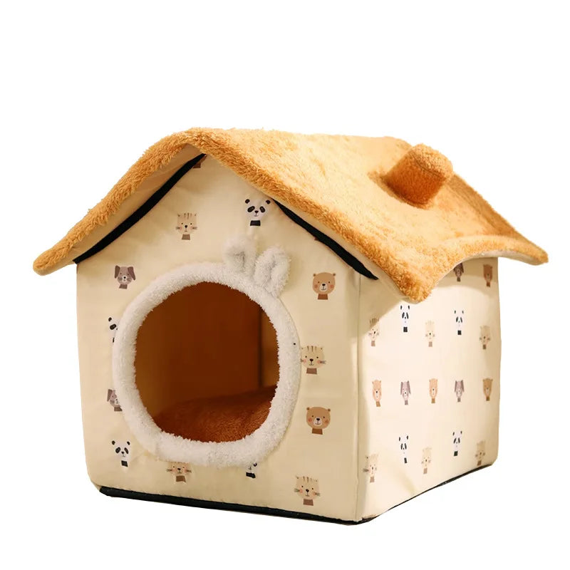 Cute Cat House Plush Kennel Breathable Removable and Washable Semi-enclosed Warm Dog Cat Bed
