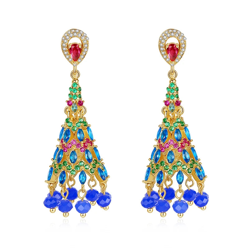 LUOTEEMI Fashionable Blue Luster CZ and Blue Bead Earring  of Indian Style Jewelry for Beautiful Woman