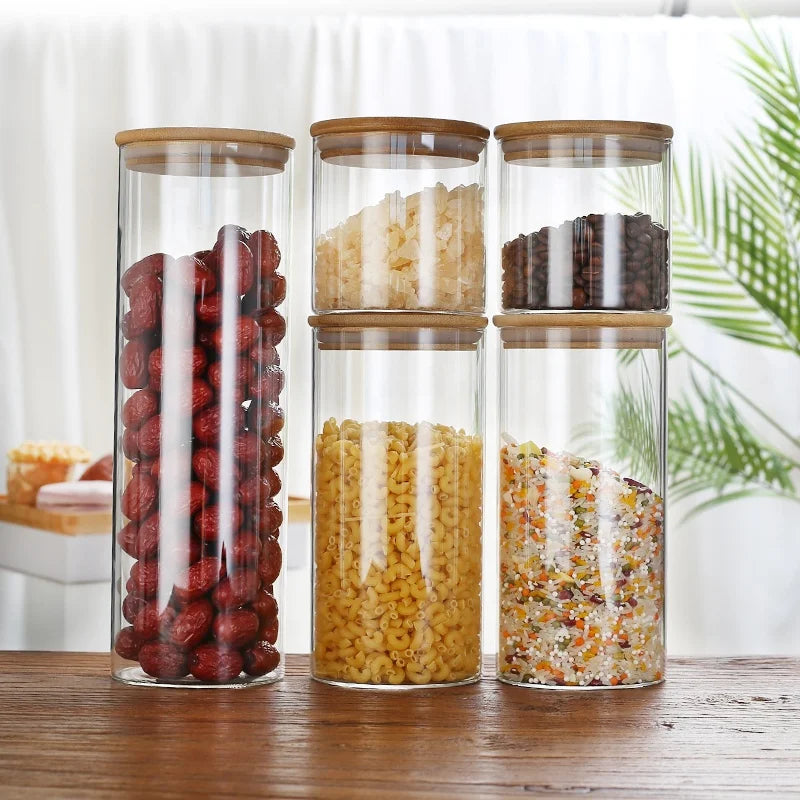 200ml High Borosilicate Glass Storage Jar Transparent Eco-Friendly Airtight Bamboo Wood Lid Shape Cookie Candy Honey Food Cover