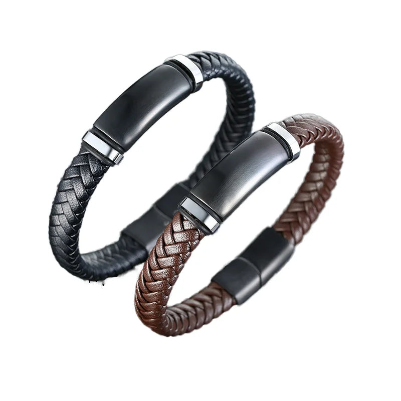Men's Custom Engravable Leather Bracelet Black Brown Color with Magnetic Clasp Fashion Charm Bracelet