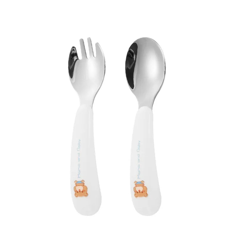304 Stainless Steel Children or Baby Fork Spoon Tableware Set Baby Feeding Spoon Fork Set  BPA Free Smooth Round Kids Tableware