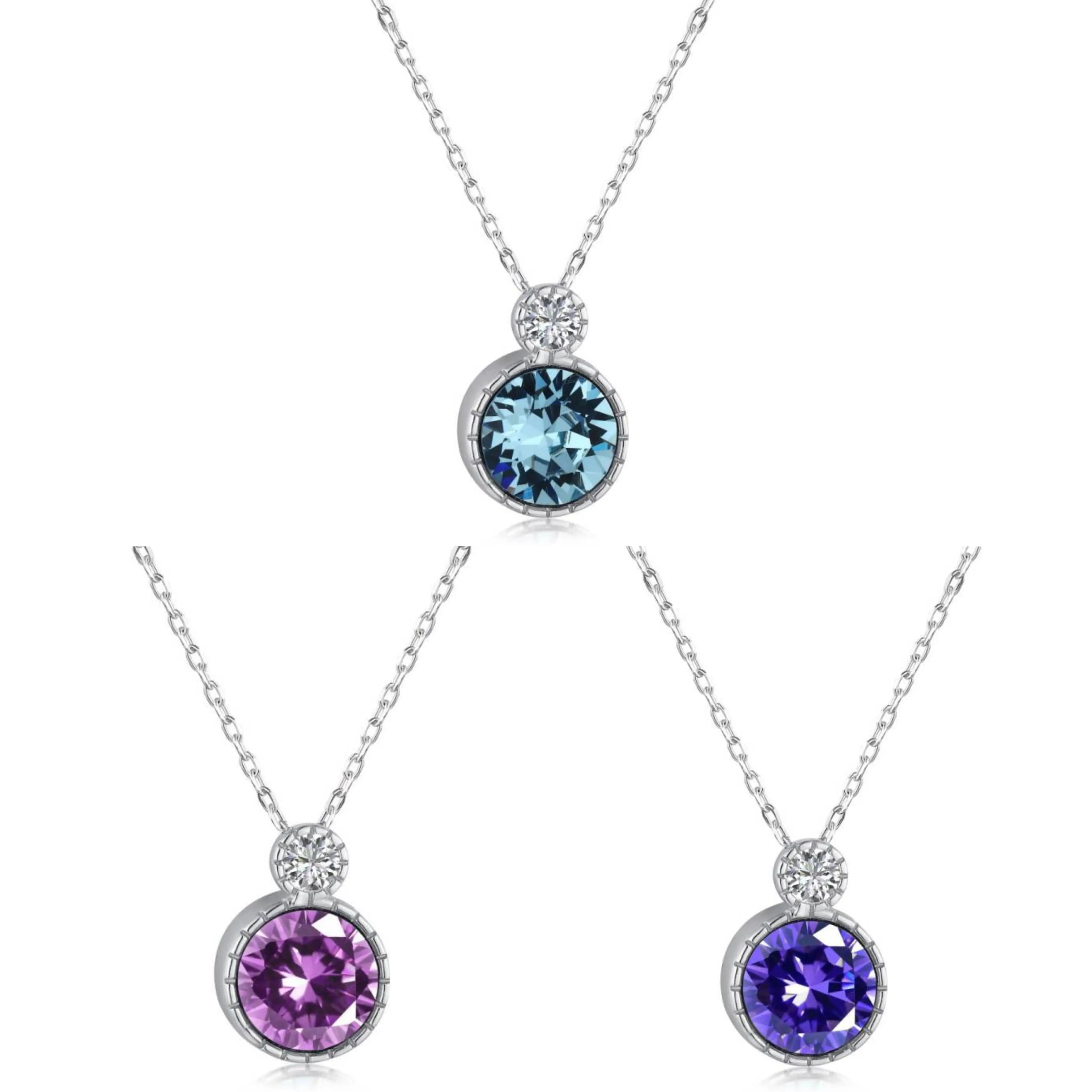Fine Jewelry Rhodium Sterling Silver Blue/Purple/Pink Cubic Zirconia Pendant Necklace for Women Mom Wife Party Birthday Gift