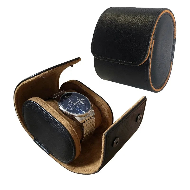 Luxury Black Leather Single Watch Roll Case Portable Organizer Storage for Men Travel-Ready Watch Box