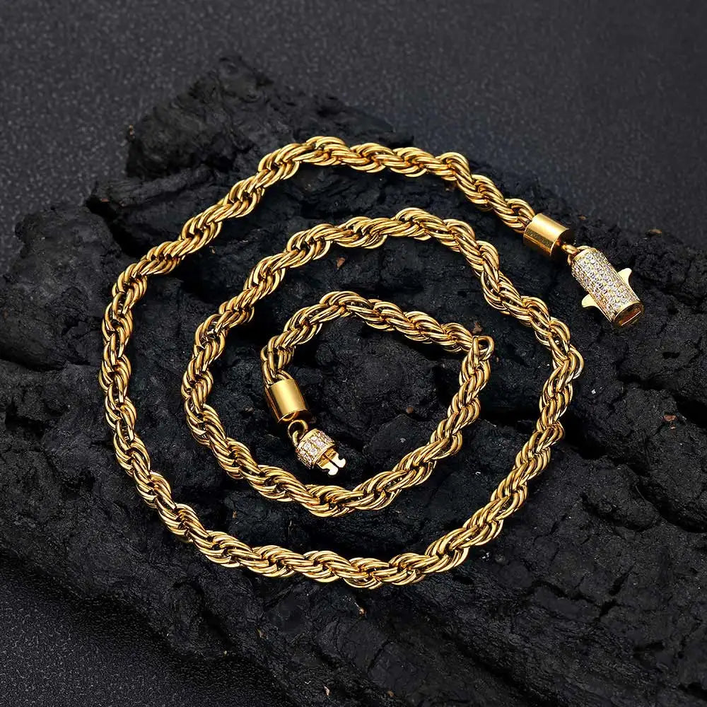 VEROMCA New Style 18K Gold Plated Stainless Steel 6mm Iced Out Clasp Twist Rope Chain Necklace  for Men