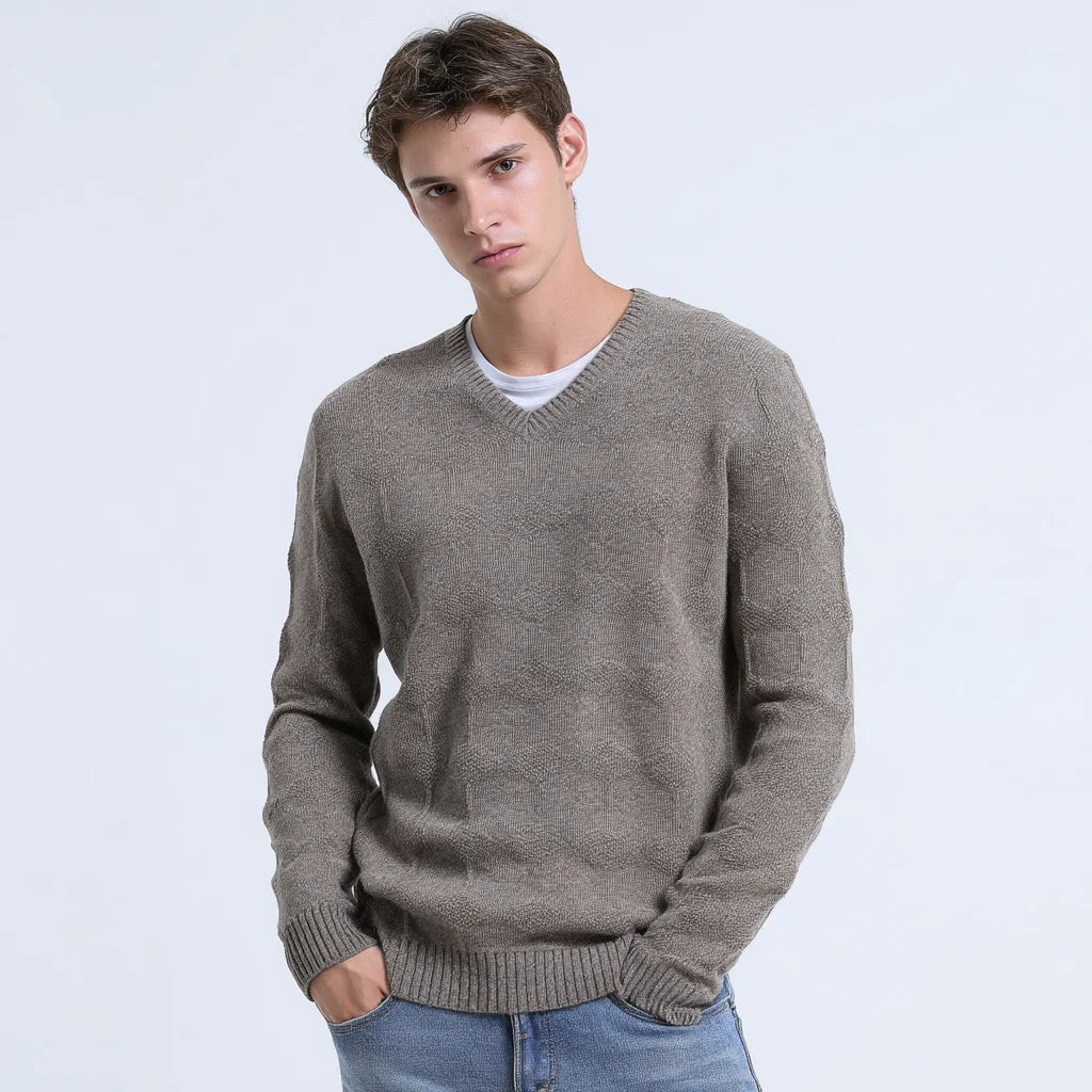 Men's Lightweight Heather Grey Merino Wool Sweater 100% Knitwear V-Neck Long Sleeve Pullover Jumper Breathable for Summer