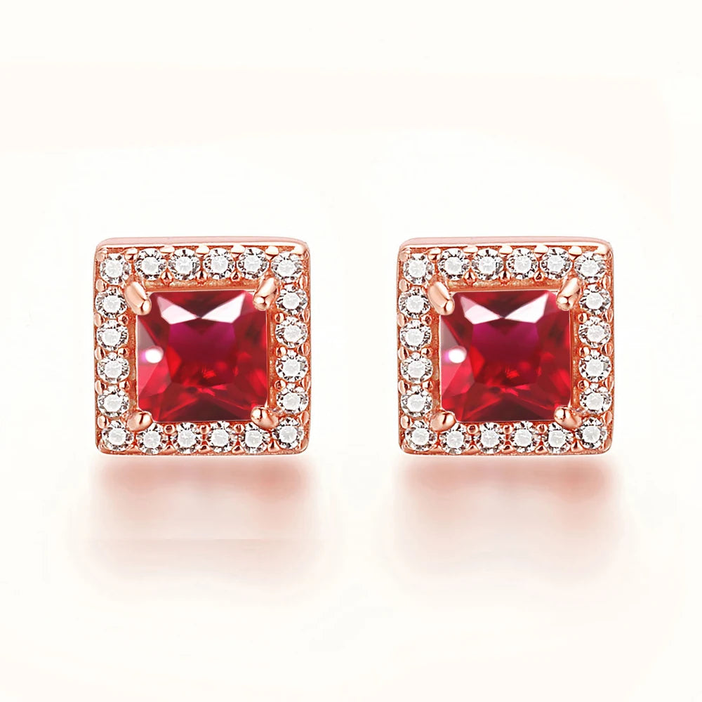 925 Silver Ruby Earring Jewelry Sparking  CZ Korean Colored Birthstone Women Stud Earrings