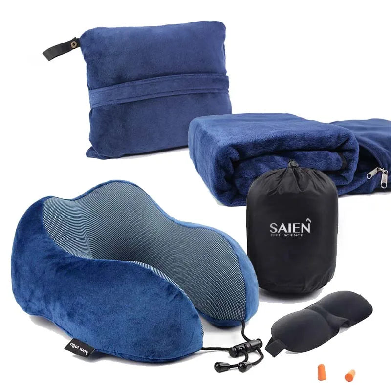 SAIEN 2-in-1 Plush Travel Set Custom Logo Color Flannel Neck U-shape Pillow with Memory Foam Eye Mask Blanket-Color Customizable