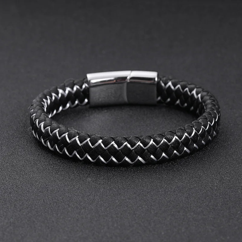 New Arrival Pulsera Leather Woven Bracelet 316 Stainless Steel Button Bracelet for Men Male