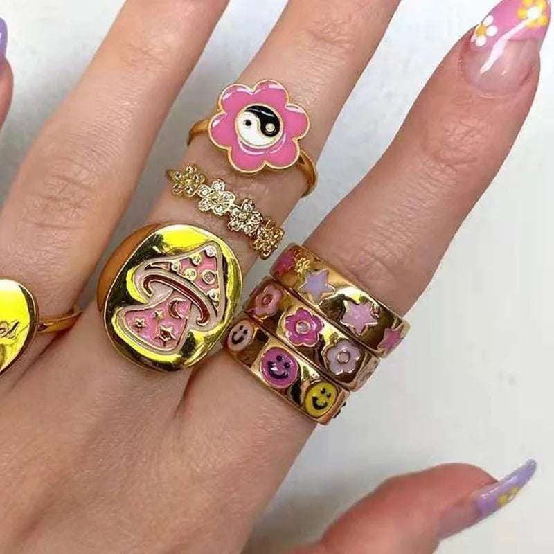 Fenny 18K Gold Plated Wholesale Non Tarnish  Spring Summer Romantic Cute Enamel Heart Flower Star Stainless Steel Finger Ring