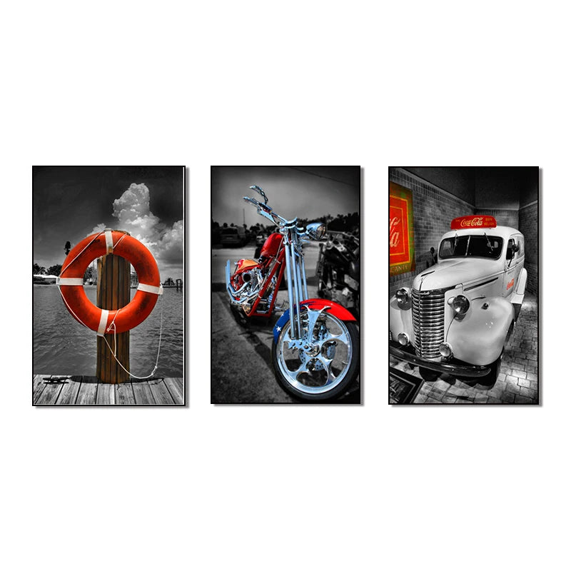European Style Simple Modern Home Decoration 3-Piece Watercolor Car Canvas Painting for Boy Room Printed Source Factory Art
