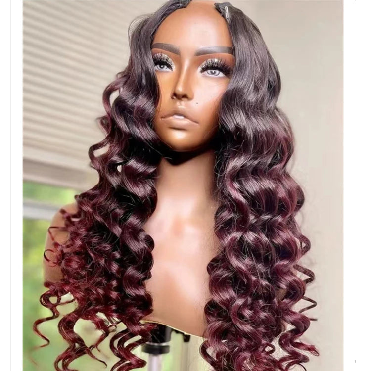 Ombre 99J Burgundy Color Loose Deep Wave Upart V Part Machine Wig Full Raw Hair No Lace U Part Wigs for Black Women