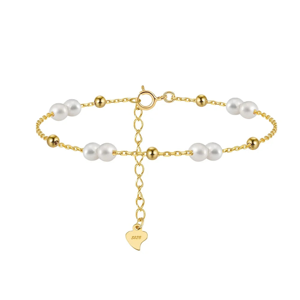 RINNTIN GPB40 925 Sterling Silver Bead Chain Multi-Strand Bracelet with Cultured Freshwater Real 14K Gold Plated Bracelet